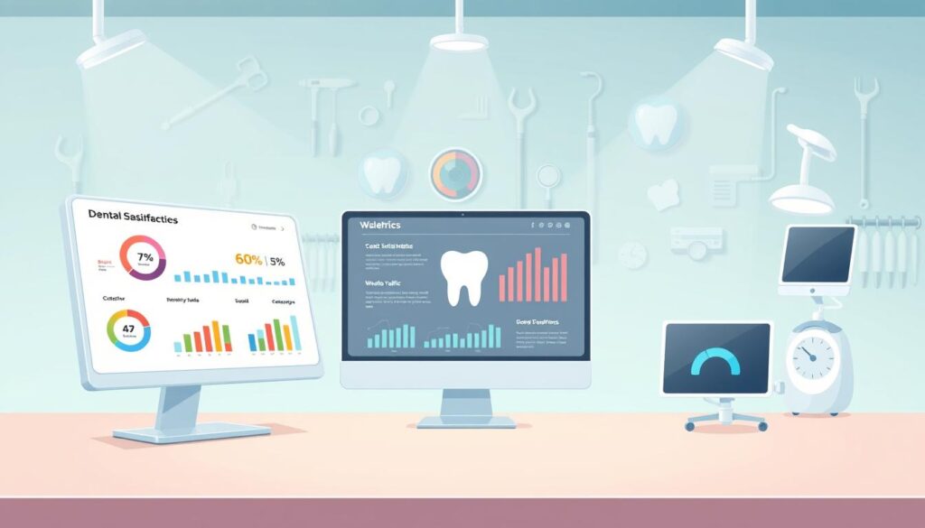 A clinical yet captivating visualization of dental branding metrics. In the foreground, a sleek dashboard displays key performance indicators - patient satisfaction, social media engagement, and website traffic. The middle ground showcases dental icons, infographics, and stylized charts, conveying the data-driven nature of successful branding. In the background, a soft, minimalist backdrop of dental tools and equipment, suggesting the clinical expertise that underpins the practice's branding efforts. Crisp lighting and a clean, professional color palette create an atmosphere of authority and trust, reflecting the robust branding strategy that Dr. Nouman can help elevate.