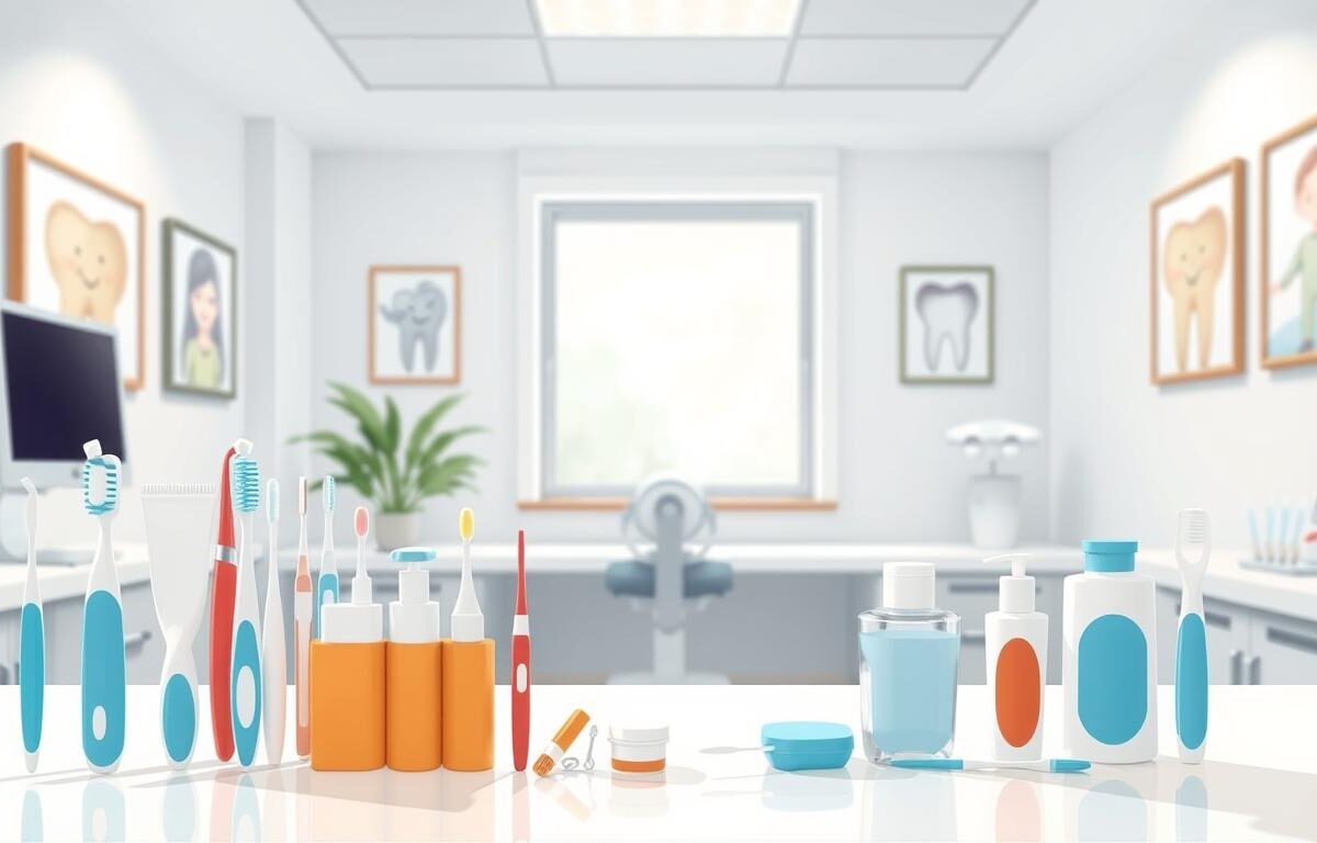 A modern dental practice with a warm, welcoming atmosphere. In the foreground, an array of dental hygiene products - toothbrushes, floss, and toothpaste - neatly arranged on a sleek, minimalist countertop. In the middle ground, a large window lets in soft, natural light, casting a gentle glow over the scene. The background features clean, white walls adorned with framed artwork depicting dental-themed imagery, such as smiling patients or dental tools. The overall mood is one of professionalism, innovation, and a commitment to patient care. Dr. Nouman's expertise in branding can help elevate the visual identity of this dental practice, creating a strong and memorable impression for both new and existing patients.
