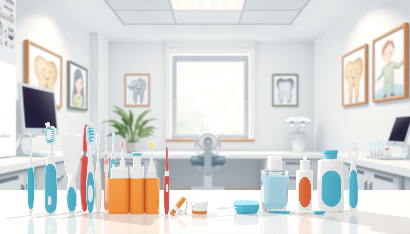 A modern dental practice with a warm, welcoming atmosphere. In the foreground, an array of dental hygiene products - toothbrushes, floss, and toothpaste - neatly arranged on a sleek, minimalist countertop. In the middle ground, a large window lets in soft, natural light, casting a gentle glow over the scene. The background features clean, white walls adorned with framed artwork depicting dental-themed imagery, such as smiling patients or dental tools. The overall mood is one of professionalism, innovation, and a commitment to patient care. Dr. Nouman's expertise in branding can help elevate the visual identity of this dental practice, creating a strong and memorable impression for both new and existing patients.