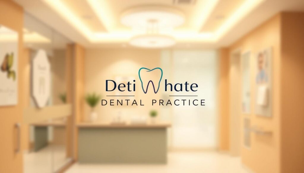 A modern, elegant dental practice logo floats in the center of the frame, its sleek typography and subtle dental icon conveying a sense of professionalism and care. The background blurs softly, highlighting the logo's prominence, while warm, directional lighting casts a soothing glow, creating an inviting, trustworthy atmosphere. Dr. Nouman's expertise in dental branding shines through, showcasing how a strategic, visually compelling approach can elevate a practice's identity and attract the right patients.