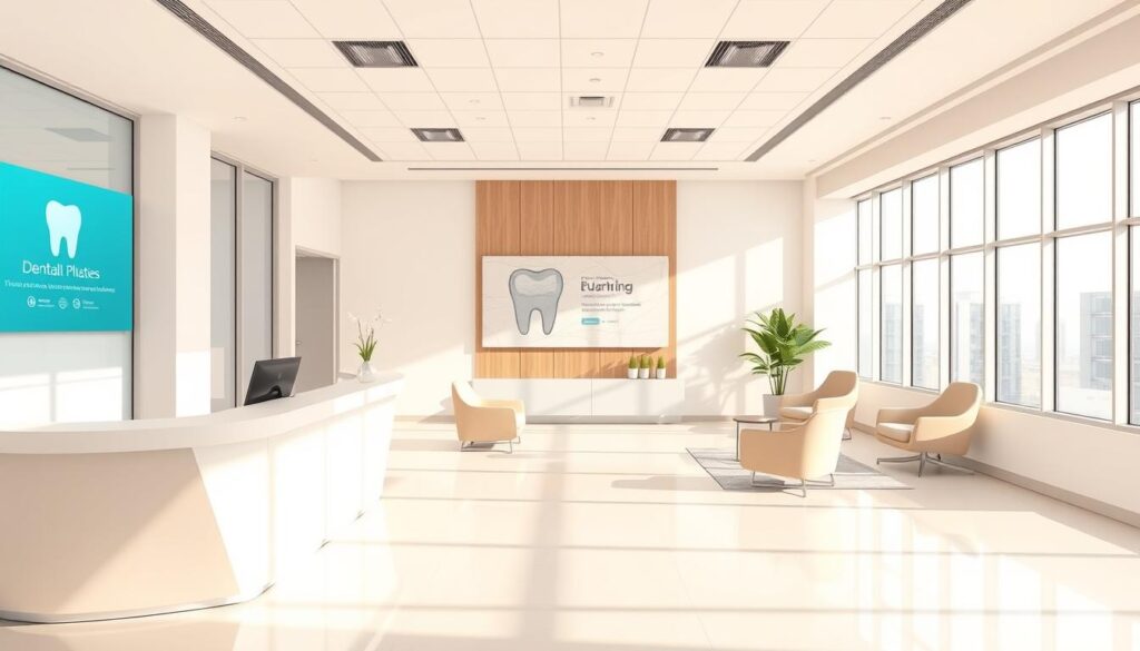 A modern, minimalist dental practice lobby with a clean, inviting atmosphere. Floor-to-ceiling windows flood the space with natural light, creating a warm, airy ambiance. In the foreground, a sleek, angular reception desk with a digital display showcasing the practice's services and brand identity. The middle ground features comfortable, ergonomic seating arrangements in neutral tones, fostering a sense of relaxation. The background showcases subtle, abstract wall art that reflects the practice's commitment to patient-centric care and innovation. The overall design conveys a professional, technologically-advanced dental experience that differentiates this practice from the competition.