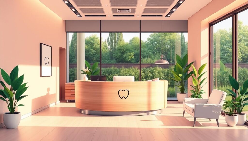 A modern, minimalist dental practice reception area flooded with warm, natural light. A sleek, curved front desk made of light wood and brushed metal, with a simple, elegant logo displayed. Comfortable seating in neutral tones, complemented by potted plants and a large window overlooking a lush garden. The space exudes a sense of calm professionalism, reflecting Dr. Nouman's expertise and commitment to patient-centric care. The overall atmosphere conveys a seamless blend of technology, design, and personal touch that elevates the dental experience.
