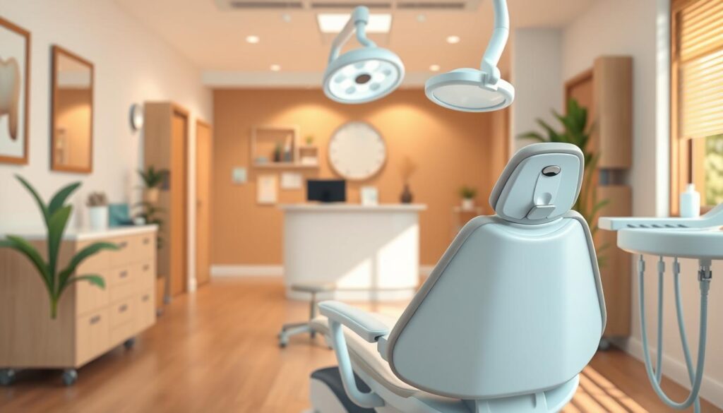 A professional, clean, and minimalist dental practice brand strategy. In the foreground, a sleek and modern dental chair with clean lines and a neutral color palette. In the middle ground, various dental tools and instruments arranged in a visually appealing manner, conveying a sense of precision and care. The background showcases a warm, inviting reception area with natural lighting, wooden accents, and a calming atmosphere. The overall composition exudes a sense of trust, expertise, and a patient-centric approach, reflecting Dr. Nouman's commitment to providing exceptional dental care.