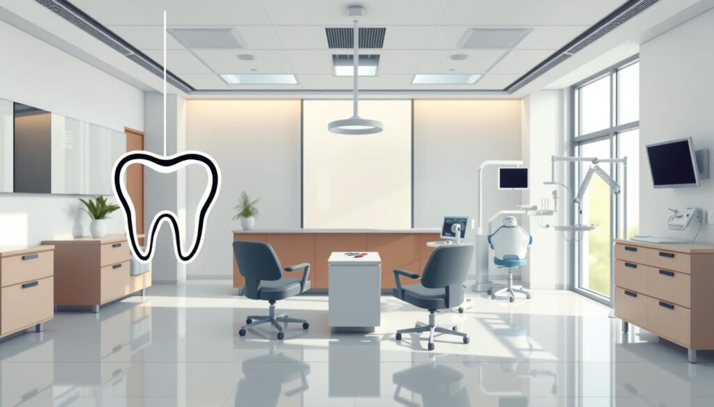 A professional, clean-cut dentist's office with a modern, minimalist aesthetic. In the foreground, a stylized logo or brand mark for a dental practice hovers, the design sophisticated and memorable. The middle ground showcases a warm, inviting reception area with sleek, ergonomic furnishings and natural lighting filtering in through large windows. In the background, state-of-the-art dental equipment and tools are visible, conveying a sense of advanced capabilities and patient-centered care. The overall mood is one of trust, expertise, and a commitment to patient well-being.
