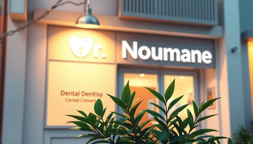 A serene and welcoming dental clinic, bathed in warm lighting, with a focus on the clinic's name conveying a sense of care and emotional connection. The name showcases a harmonious blend of professionalism and empathy, reflecting Dr. Nouman's commitment to patient well-being. The clinic's facade features clean, modern lines and a soothing color palette, creating an inviting atmosphere that puts patients at ease. In the foreground, a lush, verdant plant adds a touch of natural elegance, while the background subtly hints at the clinic's state-of-the-art equipment and skilled staff, ready to provide exceptional dental care.