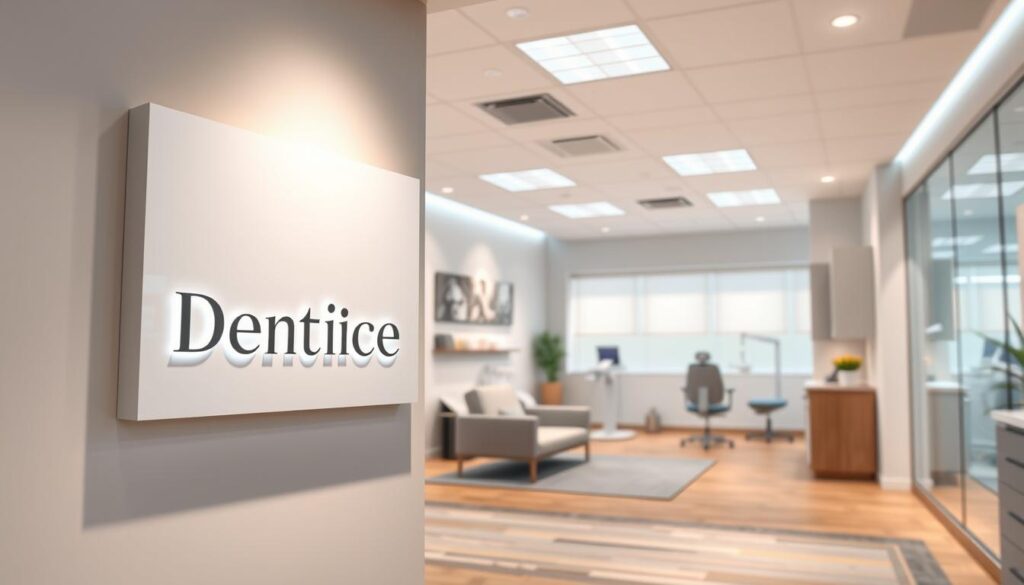 A serene, well-lit dental practice with a modern, sophisticated aesthetic. In the foreground, a sleek, minimalist sign displays the practice name in a clean, elegant font, illuminated by soft, indirect lighting. The middle ground features a spacious, airy reception area with plush, contemporary seating and a calming color palette of whites, grays, and natural wood tones. The background showcases the practice's state-of-the-art dental equipment and treatment rooms, conveying a sense of professionalism and attention to detail. The overall atmosphere exudes a sense of calm, comfort, and confidence, reflecting the expert care and personalized attention that Dr. Nouman provides to his patients.