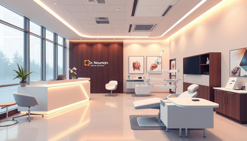 A sleek, modern dental office design with a warm, inviting atmosphere. The reception area features a minimalist front desk, plush seating, and indirect lighting that casts a soft glow. The treatment rooms blend clinical efficiency with a calming ambiance, boasting cutting-edge dental equipment and large windows that flood the space with natural light. Strategic branding elements, such as a cohesive color palette, subtle signage, and carefully curated artwork, create a cohesive visual identity that reflects the practice's commitment to professionalism and patient-centric care. The overall design seamlessly blends form and function, showcasing Dr. Nouman's expertise in delivering exceptional dental services while elevating the patient experience.