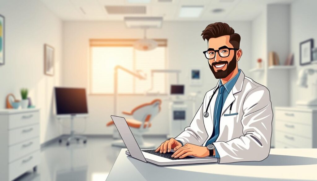A sleek, modern digital marketing campaign for a dental practice, featuring a professional dentist, Dr. Nouman, as the central figure. In the foreground, Dr. Nouman is shown on a laptop, showcasing his expertise and professionalism. The background features a clean, minimalist office space with dental equipment and tools, conveying a sense of authority and expertise. Bright, natural lighting illuminates the scene, creating a warm and inviting atmosphere. The overall composition emphasizes the integration of digital marketing strategies, such as social media, search engine optimization, and email marketing, to boost the dental practice's online visibility and reach potential patients.
