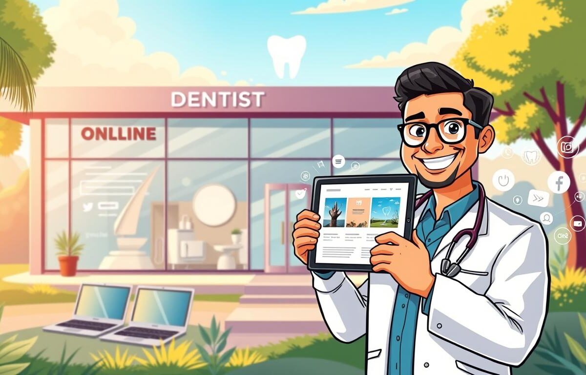 A vibrant digital landscape featuring a modern dentist's office, its exterior adorned with sleek signage and inviting glass facades. In the foreground, a smiling dentist, Dr. Nouman, stands confidently, holding a tablet showcasing his practice's online presence. The mid-ground includes various digital devices, such as laptops and smartphones, conveying the power of online marketing. The background is populated with stylized icons and graphics representing social media platforms, search engines, and other digital marketing tools. Warm, natural lighting illuminates the scene, creating a welcoming and professional atmosphere. The overall composition conveys the effective integration of digital marketing strategies to boost a dentist's practice visibility and reach.