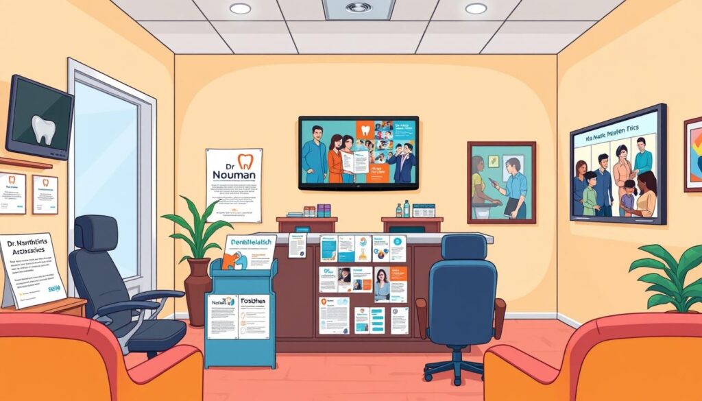 A vibrant, local dental office showcasing its marketing tactics. In the foreground, a warm and welcoming reception area with a sleek, modern design and ergonomic chairs. The middle ground features a display of informative brochures, flyers, and promotional materials highlighting Dr. Nouman's specialized services, dental health tips, and community involvement. In the background, a wall-mounted TV screen displays a slideshow of patient testimonials and photos of the dental team engaging with the local community at events. The lighting is soft and inviting, creating a relaxed atmosphere that puts patients at ease. The overall scene conveys a sense of professionalism, care, and a commitment to building strong relationships within the local neighborhood.