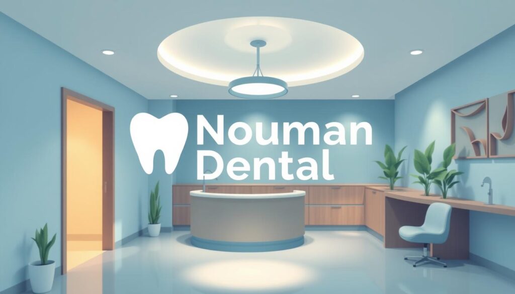 A vibrant, modern dental practice logo design featuring a sleek, minimalist typeface highlighting the practice name "Nouman Dental" in a bold, sans-serif font. The logo is accompanied by a subtle icon or graphic element, such as a stylized tooth or dental-related symbol, to further reinforce the brand identity. The overall composition has a clean, professional look with a balanced layout and strategic use of negative space. The color palette uses calming, natural hues like blues, greens, or grays to convey a sense of trust, reliability, and patient-centric care. Lighting is soft and diffused, creating a welcoming, inviting atmosphere that reflects the practice's commitment to patient comfort and satisfaction.