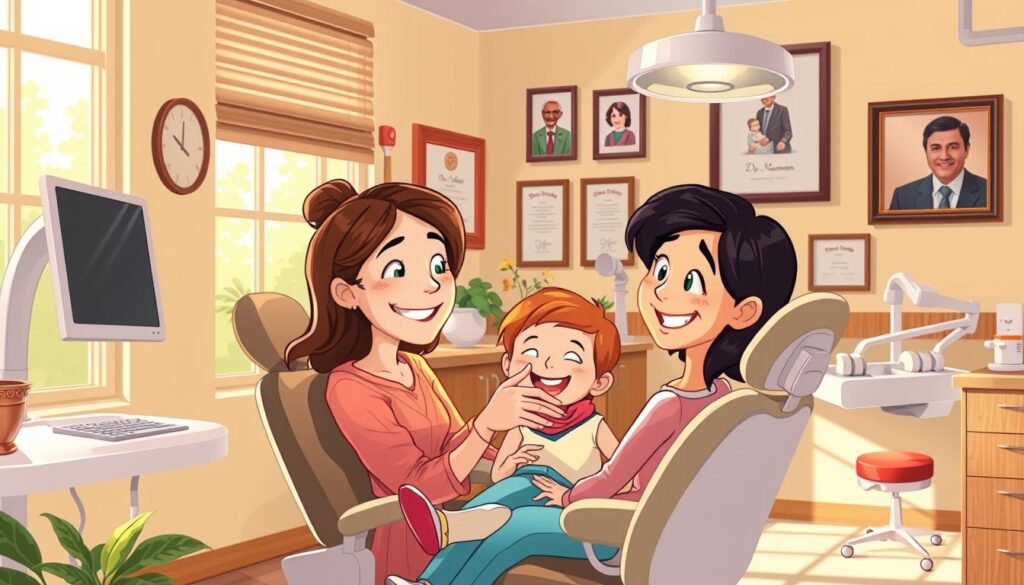 A warm, inviting family dentistry office with a cozy, homely atmosphere. In the foreground, a mother and child sit in the dentist's chair, the child's face lit with a friendly smile as the dentist, Dr. Nouman, examines their teeth with a gentle touch. Sunlight streams in through large windows, casting a soft glow over the scene. The middle ground features modern, yet tasteful dental equipment and décor, reflecting Dr. Nouman's commitment to providing high-quality, personalized care. In the background, a wall displays family portraits and certificates, highlighting the practice's multigenerational legacy and emphasis on building lasting relationships with patients.