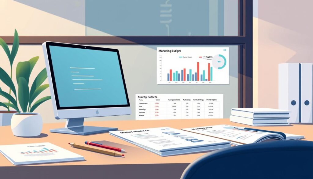 A well-lit, high-resolution image of a modern dental practice's marketing budget, featuring a desk with a computer, financial documents, and a graph or chart displaying budget allocations. The scene should convey a professional, organized, and data-driven approach to dental practice marketing, reflecting Dr. Nouman's expertise in branding and digital strategy. The lighting should be soft and natural, creating a warm and inviting atmosphere. The composition should balance the various elements, drawing the viewer's attention to the key information without feeling cluttered.