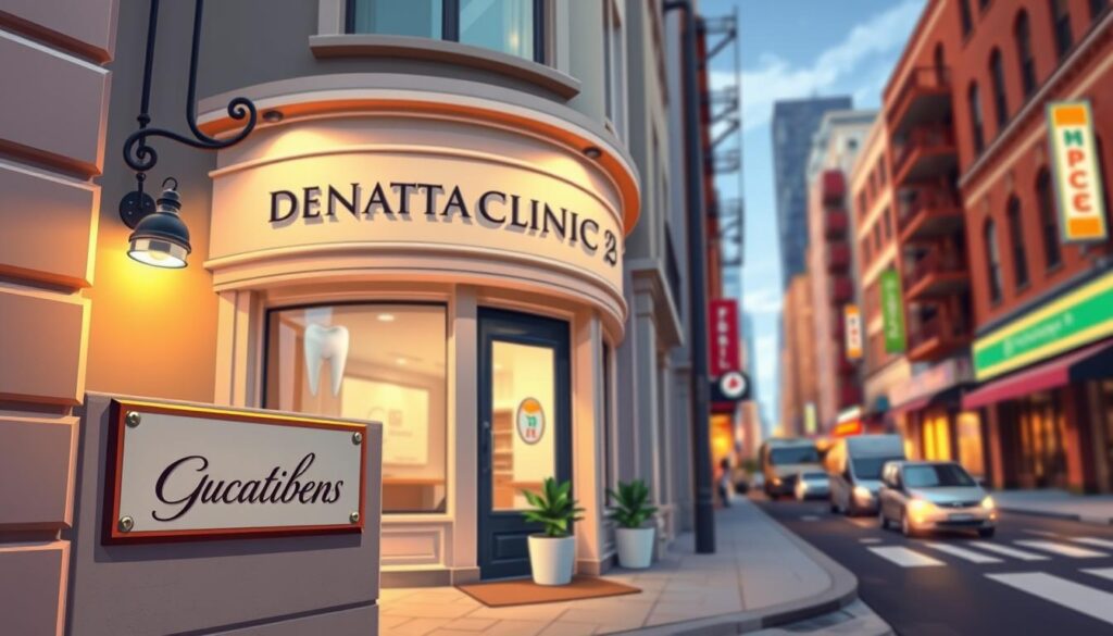 An elegant dental clinic nestled in a vibrant city street, its facade adorned with subtle signage that captures the essence of its location-inspired name. Warm lighting casts a welcoming glow, drawing patients through the inviting entrance. The clinic's design seamlessly blends modern elements with timeless architectural features, creating a serene and professional atmosphere. In the foreground, a tasteful plaque displays the clinic's name, reflecting the character of the surrounding neighborhood. The mid-ground showcases the clinic's well-maintained exterior, its signage prominently visible. The background features a bustling city streetscape, providing a dynamic and lively context for the dental practice.