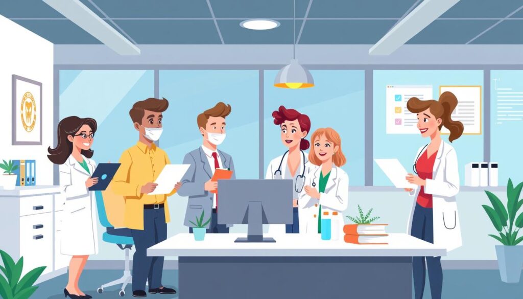 Create an image of a dental practice team creating content for their website