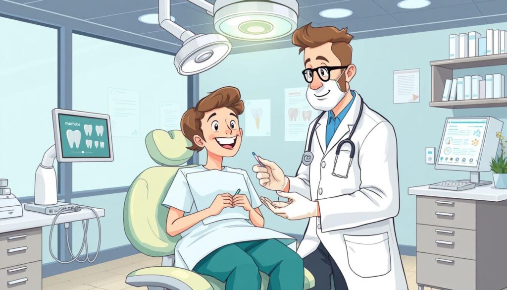 Create an image of a dentist educating a patient