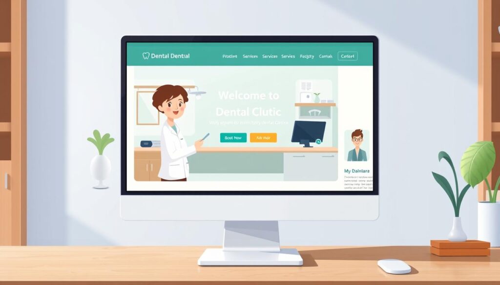 Create an image of a modern dental clinic website on a desktop screen