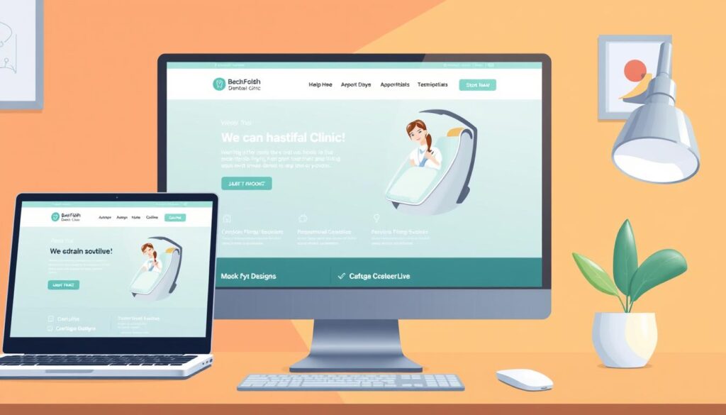 Create an image of a modern dental clinic website on a desktop screen.