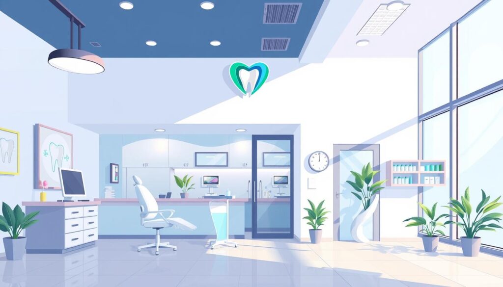 Create an image of a modern dental clinic with a welcoming atmosphere, incorporating a professional logo and branding elements.
