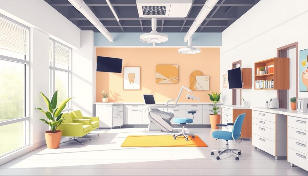Create an image of a modern dental office interior with a welcoming atmosphere