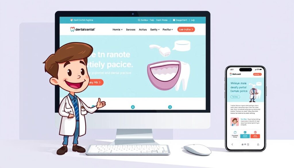 Create an image of a modern dental practice website on a desktop and mobile device