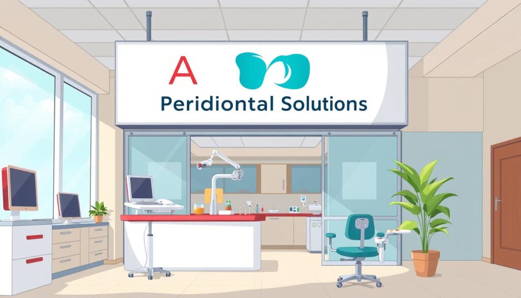 Create an image of a periodontal specialty practice with a professional sign that reads "Advanced Periodontal Solutions"