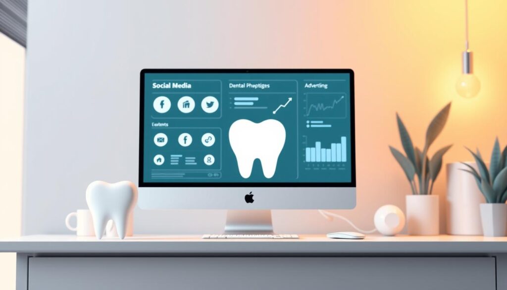 Digital marketing for a modern dental practice with a focus on branding and online presence. A sleek, minimalist aesthetic featuring a dental office computer display showcasing social media platforms, website analytics, and targeted advertising campaigns. In the foreground, a stylized tooth icon symbolizes the practice's expertise. Warm lighting casts a professional yet inviting glow, while clean lines and a neutral color palette convey a sense of trust and reliability. The overall composition evokes a tech-savvy, patient-centric approach to dental care in the digital age.