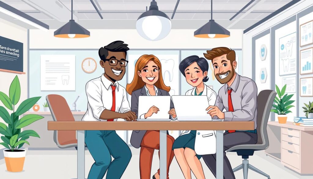 Generate an image of a dental branding company team working together