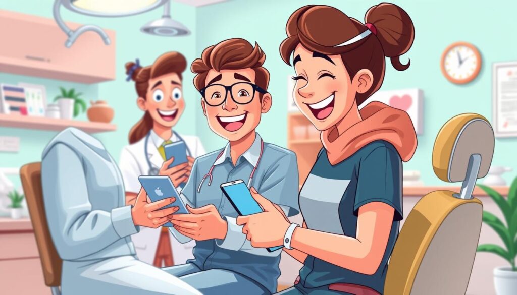 Generate an image of a dental office team smiling and interacting with patients on social media platforms.