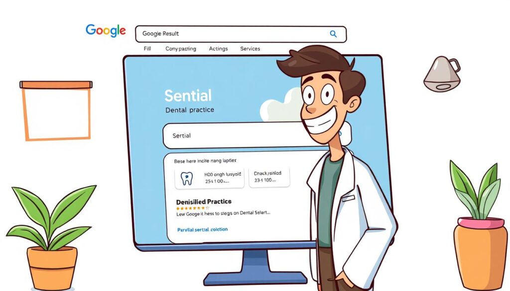 Generate an image of a dental practice advertisement on Google search results.