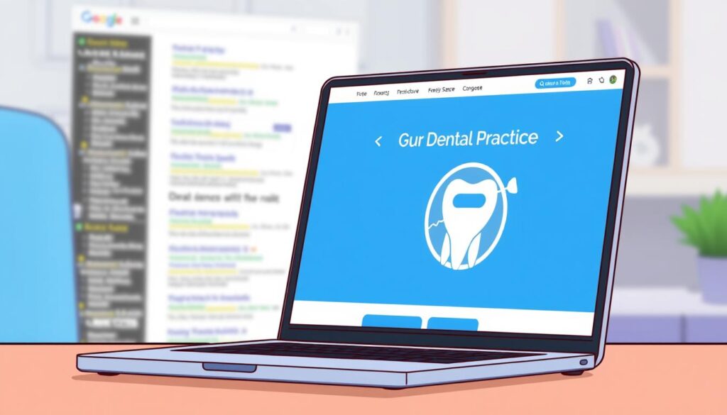 Generate an image of a dental practice website on a laptop screen with a search engine results page (SERP) in the background.