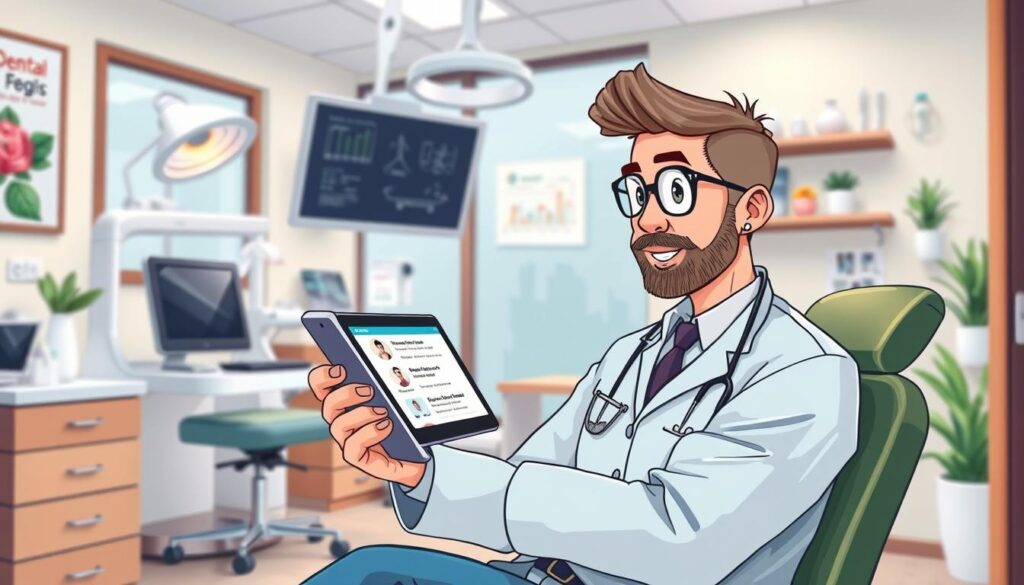 Generate an image of a dentist reviewing online feedback on a tablet.