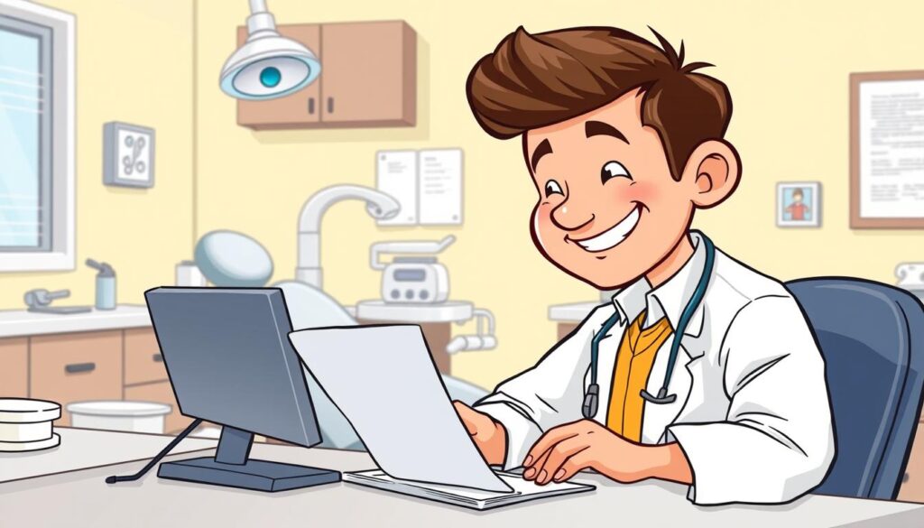 Generate an image of a dentist sending an email to a patient on a computer.