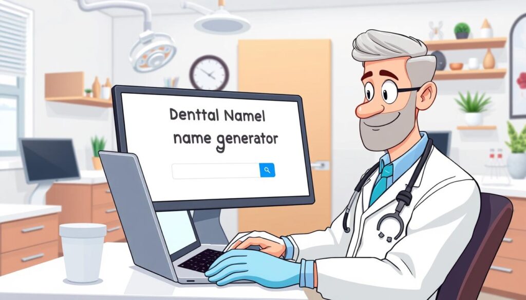 Generate an image of a dentist using a laptop with a dental name generator tool on the screen.