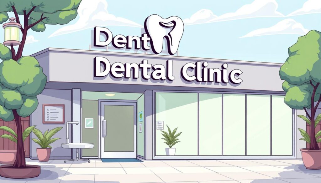 Generate an image of a modern dental clinic with a unique name displayed prominently