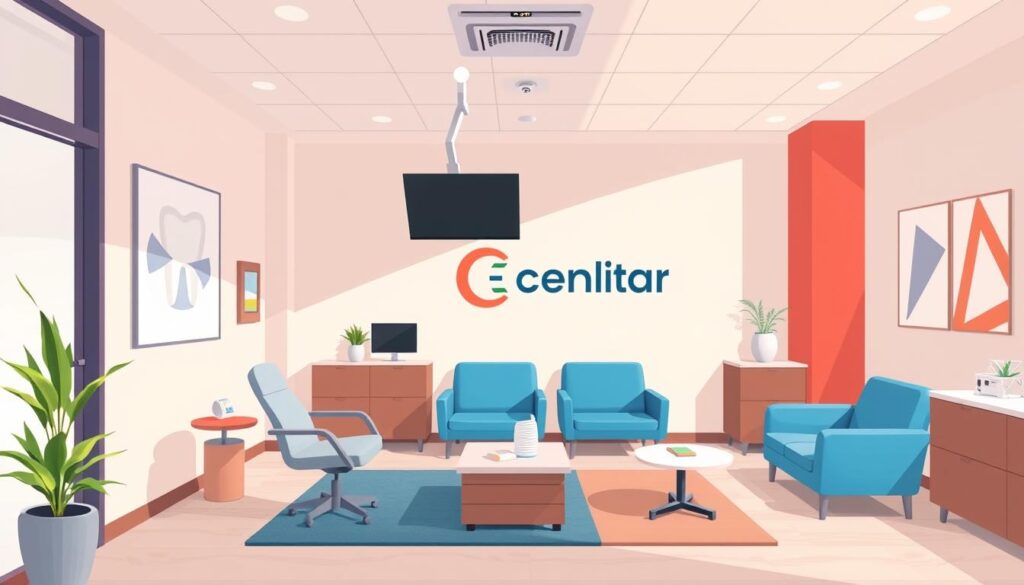 Generate an image of a modern dental office interior that reflects a welcoming brand identity.