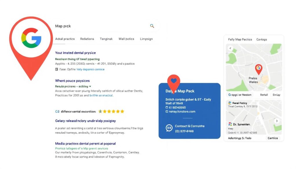 Image of a Google search result page showing a "map pack" for dental practices