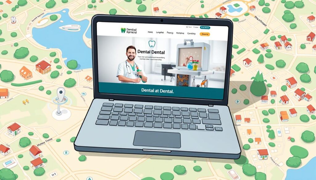 Image of a dental practice website on a laptop screen with a map in the background