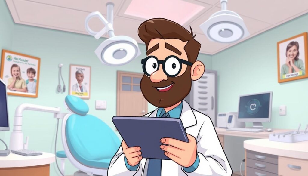 Image of a dentist reviewing online feedback on a tablet.