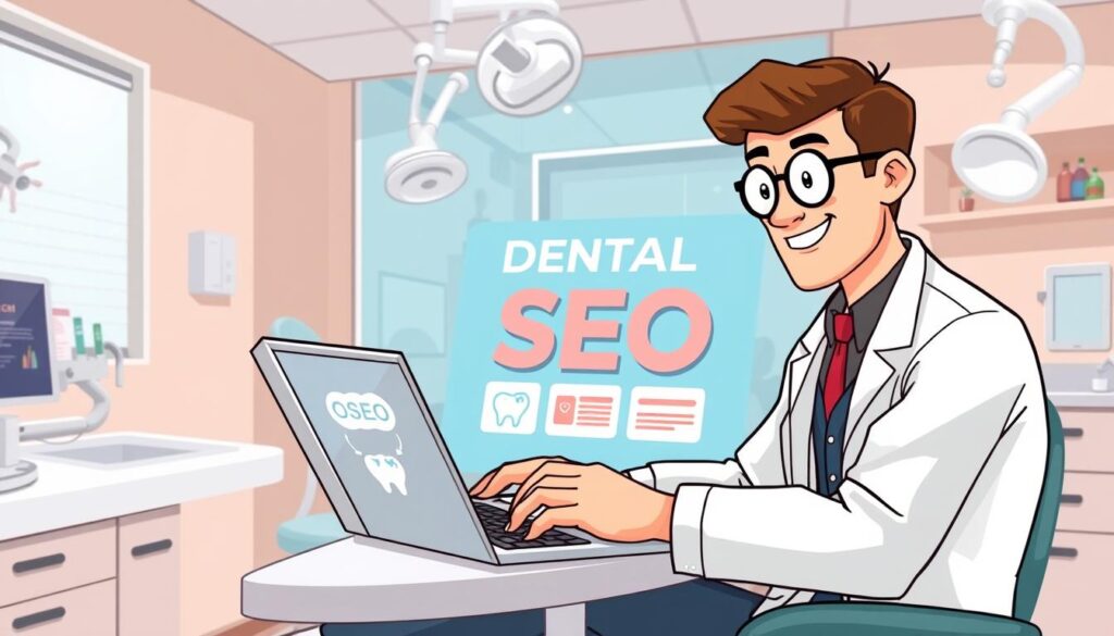 Image of a dentist using a laptop with dental SEO software