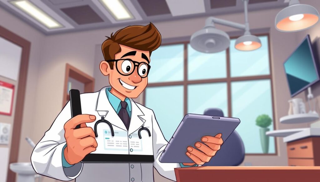 Image of a dentist using email marketing software on a tablet