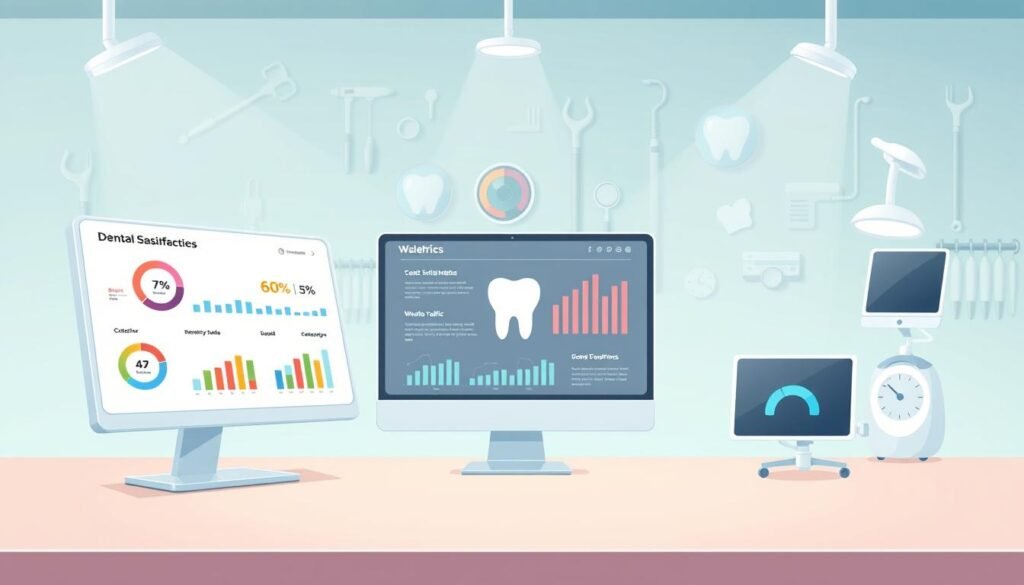 A clinical yet captivating visualization of dental branding metrics. In the foreground, a sleek dashboard displays key performance indicators - patient satisfaction, social media engagement, and website traffic. The middle ground showcases dental icons, infographics, and stylized charts, conveying the data-driven nature of successful branding. In the background, a soft, minimalist backdrop of dental tools and equipment, suggesting the clinical expertise that underpins the practice's branding efforts. Crisp lighting and a clean, professional color palette create an atmosphere of authority and trust, reflecting the robust branding strategy that Dr. Nouman can help elevate.