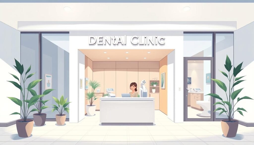A modern, minimalist dental clinic with a clean, contemporary aesthetic. The clinic's name is prominently displayed on the storefront, using a sleek, sans-serif typeface in a muted palette that evokes professionalism and expertise. The entrance is flanked by floor-to-ceiling windows, allowing natural light to pour in and create a warm, inviting atmosphere. Potted plants and subtle, indirect lighting add to the calming, spa-like ambiance. In the middle ground, a reception desk with a minimalist design sits at the center, staffed by a friendly, welcoming receptionist. In the background, dental equipment and exam rooms can be seen through open doorways, hinting at the clinic's advanced capabilities and high-quality care.