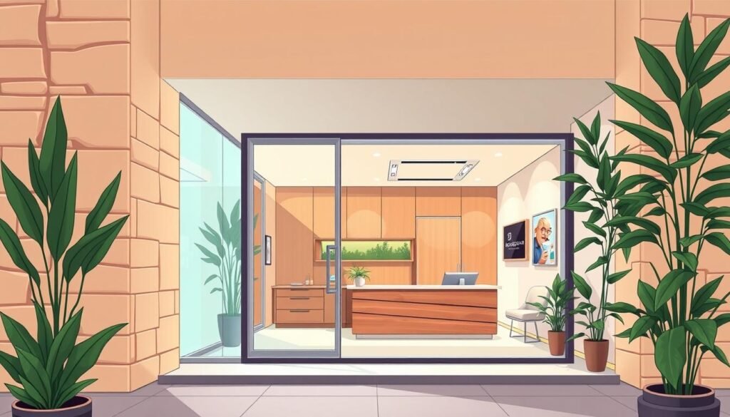 A modern, minimalist dental office with a clean, sophisticated aesthetic. The front facade features a chiseled sandstone exterior, accented by sleek glass and metal trim. The entrance is flanked by tall, leafy plants, creating a calming, natural ambiance. The reception area has a warm, inviting atmosphere, with a custom-designed wooden desk and comfortable seating. Soft, indirect lighting casts a gentle glow throughout the space, enhancing the serene, professional vibe. The overall design reflects Dr. Nouman's expertise, attention to detail, and commitment to patient comfort and care.