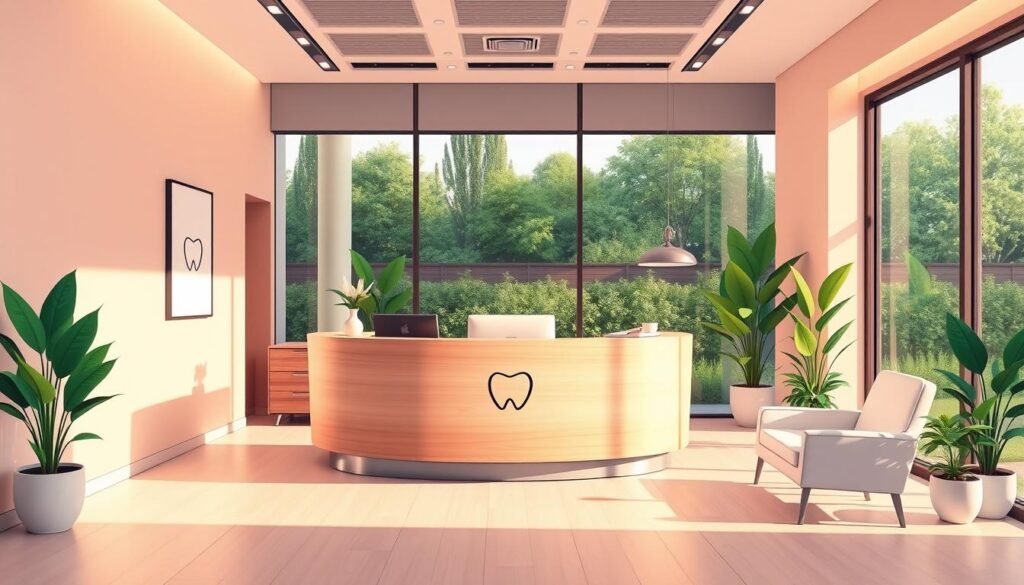 A modern, minimalist dental practice reception area flooded with warm, natural light. A sleek, curved front desk made of light wood and brushed metal, with a simple, elegant logo displayed. Comfortable seating in neutral tones, complemented by potted plants and a large window overlooking a lush garden. The space exudes a sense of calm professionalism, reflecting Dr. Nouman's expertise and commitment to patient-centric care. The overall atmosphere conveys a seamless blend of technology, design, and personal touch that elevates the dental experience.