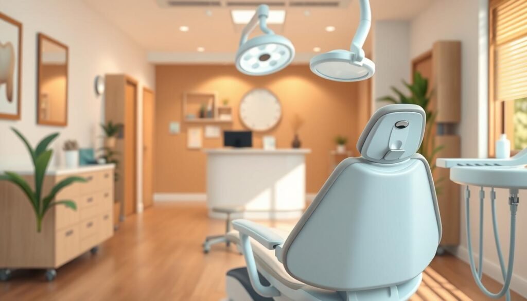A professional, clean, and minimalist dental practice brand strategy. In the foreground, a sleek and modern dental chair with clean lines and a neutral color palette. In the middle ground, various dental tools and instruments arranged in a visually appealing manner, conveying a sense of precision and care. The background showcases a warm, inviting reception area with natural lighting, wooden accents, and a calming atmosphere. The overall composition exudes a sense of trust, expertise, and a patient-centric approach, reflecting Dr. Nouman's commitment to providing exceptional dental care.