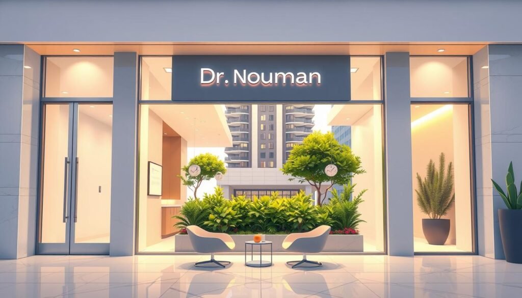 A sophisticated dental office facade, with a minimalist yet elegant signage showcasing the practice's name in a clean, legible font. The entrance is framed by sleek glass doors, reflecting the modern, professional atmosphere within. The lighting is soft and inviting, casting a warm glow on the pristine marble floors. In the foreground, a small outdoor seating area with modern, comfortable chairs invites patients to relax before their appointments. The middle ground features a lush, well-manicured landscape, creating a calming, natural ambiance. In the background, a contemporary high-rise building provides a striking backdrop, emphasizing the practice's urban, upscale setting. The overall scene conveys a sense of trust, expertise, and patient-centric care that Dr. Nouman's dental office strives to deliver.