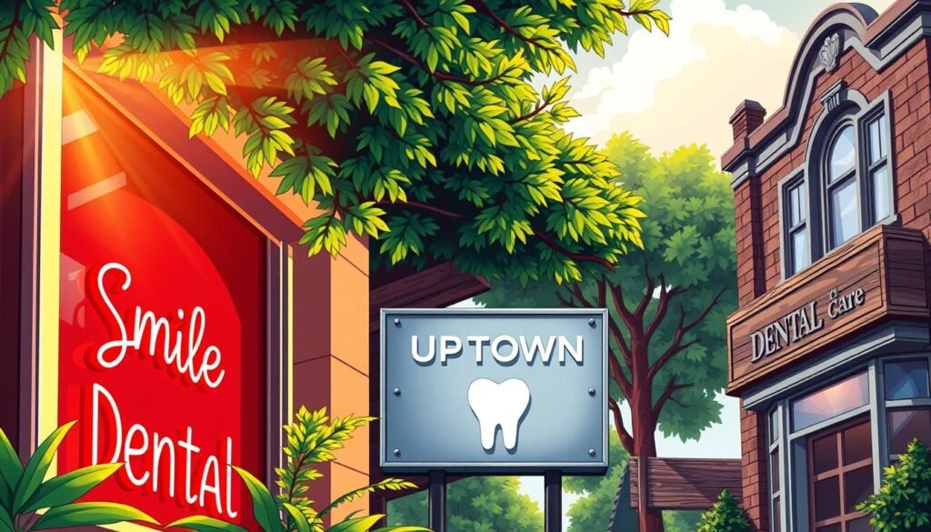 A vibrant collage of dental office signage, illuminated by warm sunlight and framed by lush, verdant foliage. In the foreground, a classic neon sign reads "Smile Bright Dental" against a backdrop of ornate, hand-painted lettering on a storefront window. In the middle ground, a modern, minimalist sign projects "Uptown Dental Care" in sleek, brushed metal. In the distance, a quaint, historic building features a weathered, wooden sign that reads "Downtown Dental Clinic". The scene conveys a sense of community, tradition, and the pride of local businesses, capturing the essence of location-based dental office names across the United States.
