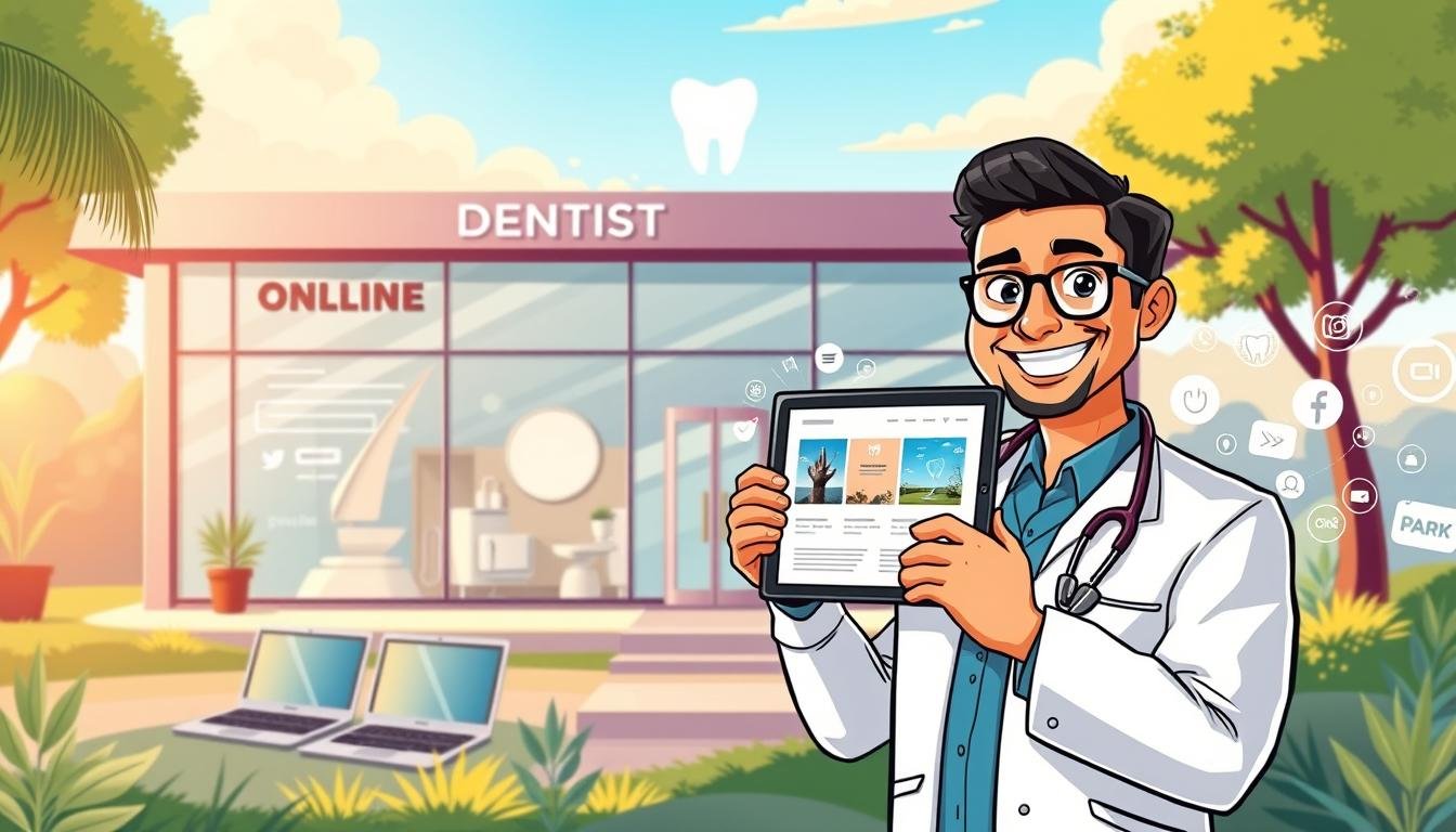 A vibrant digital landscape featuring a modern dentist's office, its exterior adorned with sleek signage and inviting glass facades. In the foreground, a smiling dentist, Dr. Nouman, stands confidently, holding a tablet showcasing his practice's online presence. The mid-ground includes various digital devices, such as laptops and smartphones, conveying the power of online marketing. The background is populated with stylized icons and graphics representing social media platforms, search engines, and other digital marketing tools. Warm, natural lighting illuminates the scene, creating a welcoming and professional atmosphere. The overall composition conveys the effective integration of digital marketing strategies to boost a dentist's practice visibility and reach.