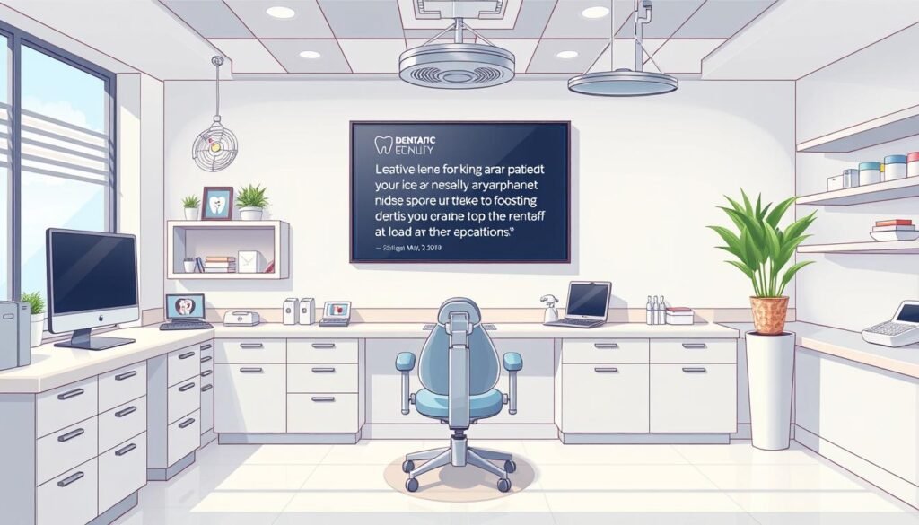 Create an image of a dental practice with a video screen showcasing patient testimonials.